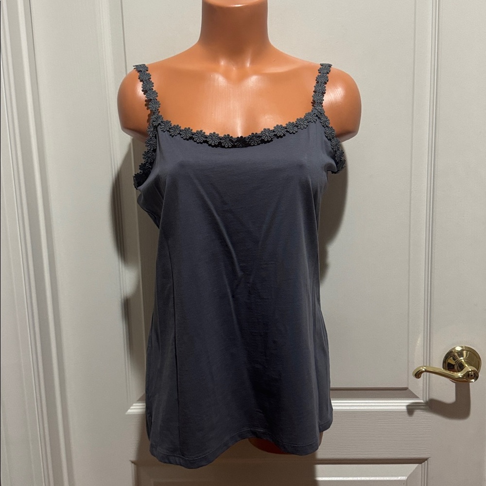 LOFT Gray Floral Daisy Lace Trim Cami Adjustable Strap XL Extra Large EUC $40 KL